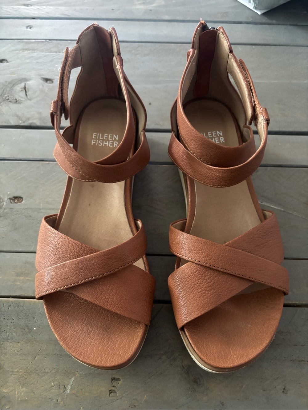Eileen Fisher Tan Sally Tumbled Leather Crisscross Ankle-Strap Sandals 6.5